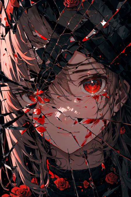 <lora:glass_crack_effects:1>1 girl,solo,red eyes,blood rose