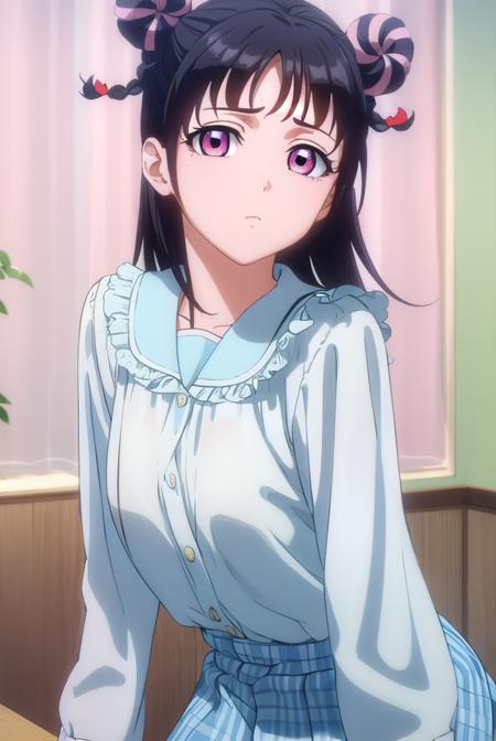 mahorojin, <lora:mahoro jin-lora-nochekaiser:1>,
mahoro jin, long hair, bangs, black hair, hair ornament, braid, (pink eyes:1.3), hair bun, twin braids, double bun, heart, heart hair ornament,
BREAK shirt, long sleeves, bow, school uniform, white shirt, serafuku, sailor collar, frills,
BREAK indoors, classroom,
BREAK looking at viewer, (cowboy shot:1.5),
BREAK <lyco:GoodHands-beta2:1>, (masterpiece:1.2), best quality, high resolution, unity 8k wallpaper, (illustration:0.8), (beautiful detailed eyes:1.6), extremely detailed face, perfect lighting, extremely detailed CG, (perfect hands, perfect anatomy),