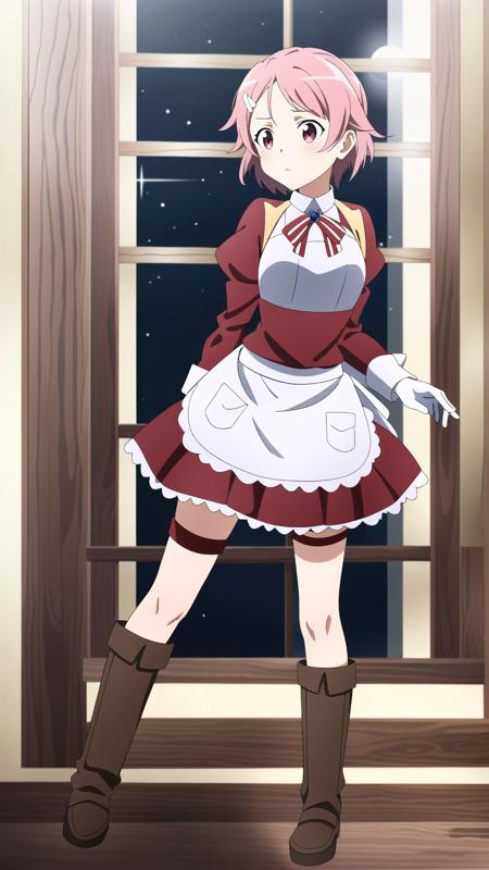 lisbeth, 1girl, solo, short hair, skirt, hair ornament, red eyes, gloves, long sleeves, ribbon, pink hair, pleated skirt, boots, hairclip, white gloves, pink eyes, armor, apron, red ribbon, neck ribbon, thigh strap, red skirt, brown footwear, frilled skirt, white apron, freckles, breastplate