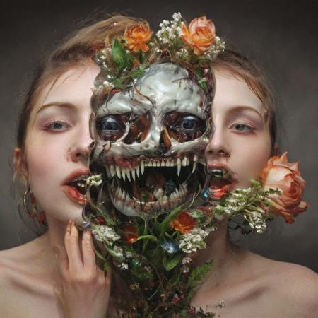 An award winning 3d stereoscopic color portrait photograph, a gorgeous femme fatale, giant overgrown dirty grotesque horse teeth growing into teeth and more teeth, a gorgeous floral arrangement made of crystals and glass