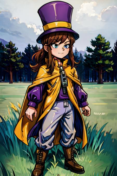 1girl, hatkid, child, brown hair, medium hair, blue eyes, top hat, yellow cape, purple jacket, zipper, beige pants, boots, smug, standing, grass field <lora:hatkid:1>