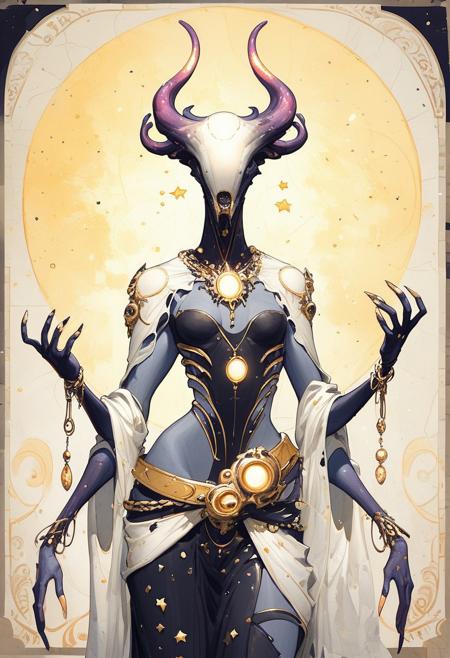 score_9, score_8_up, score_7_up, 
In a bleak and barren world, hindu goddess dancing in the swirling cosmos, wild dance kicking and flailing, aspect like a slender alien, radiating their awesome godlike might, strange woman, big eyes, dark blue skin, white eyes, golden jewelry,( a belt of skulls, a necklace of severed bloody heads:1.3), four arms, inhumanly thin, kaleidoscopic swirl of stars and nebulae in the background
,1girl, ArsMJStyle, art nouveau, 
, the scene is captured in dimly lit dark fantasy but vibrant colors, with bold ink lines defining form against the watercolor wash of the aged paper
(Art Noveau), ArsMJStyle, Drawn in the style of a tarot card, glowing neon purple trim, gold trim, skin tight outfit, revealing outfit, sexy
