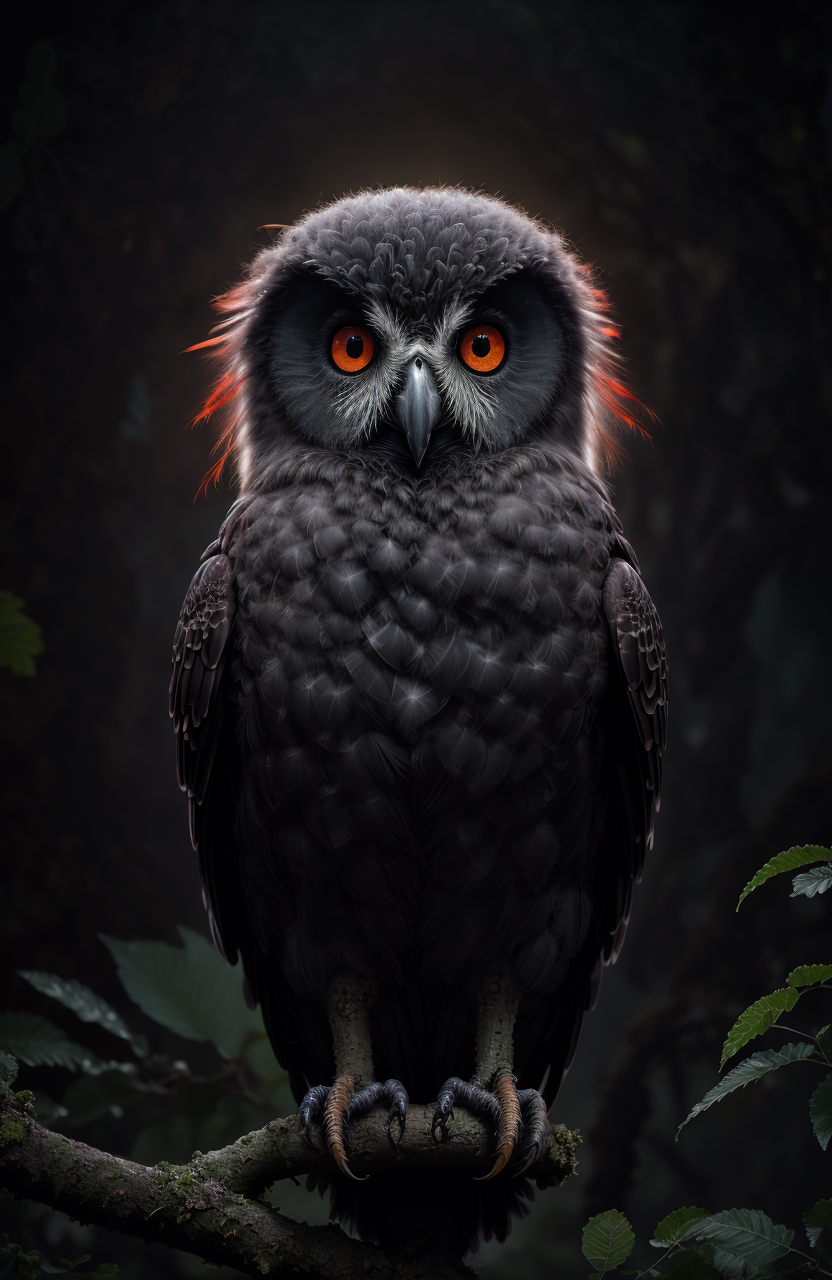 Style-NebMagic, award winning photo, A black bird owl sitting on a branch, feathers, evil, sinister, red eye, intricate, d...