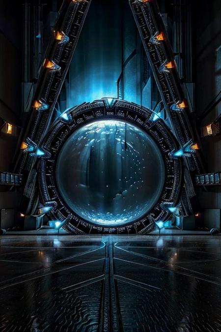 ultra realistic, 32k, masterpiece, high detailed skin, high quality, best quality, Stargate, no humans, scenery, reflection, blue theme, light,   cyberpunk building interior, blurry background,