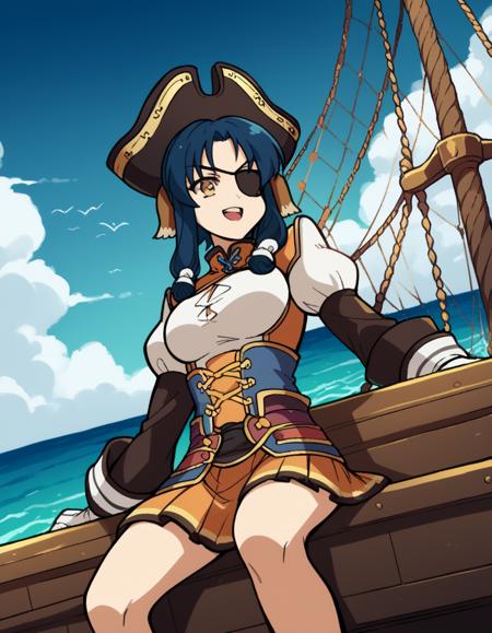 atui, long hair, brown eyes, blue hair, hair tubes, parted bangs, dog ears, animal ears, large breasts, cleavage, cleavage cutout, long sleeves, wide sleeves, armor, shoulder armor,