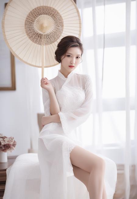 photography, private room photo, temptation, 1girl, high heels, solo, dress, thighhighs, chinese clothes, sitting, hand fan, curtains, white dress, looking at viewer, holding fan, brown hair, holding, china dress, indoors, white footwear
 <lora:temptation_v1.0-000009:0.7>, masterpiece, best quality,