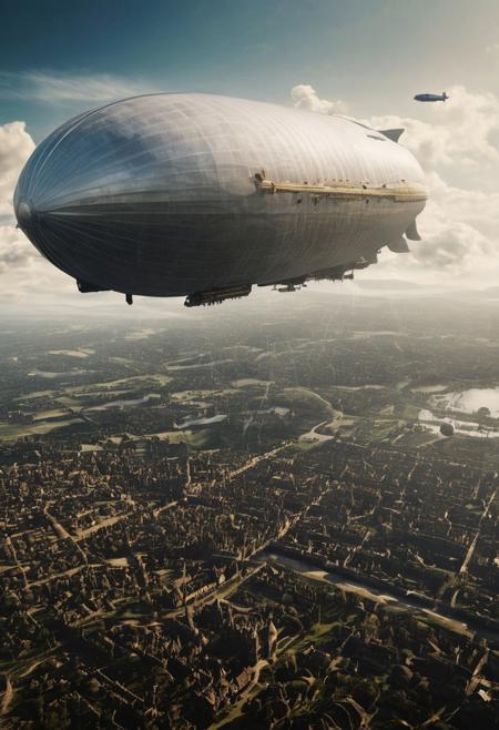 Sci_fi realistic photo of large city flying by giant Zeppelin ,the land iunder is fields and lakes, steampunk, complete city being carried by Zeppelin