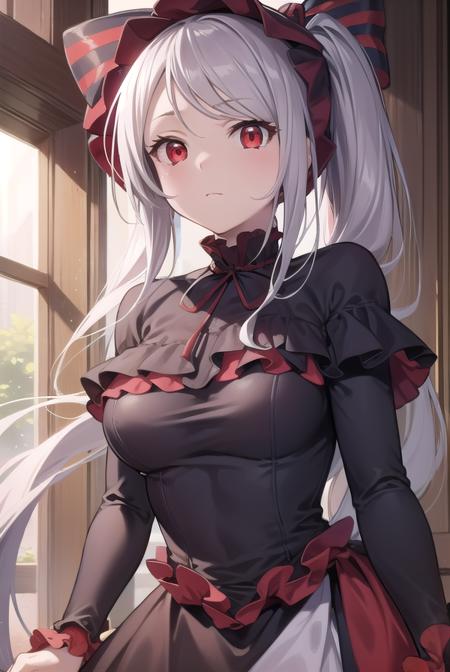 shalltear, grey hair, long hair, (red eyes:1.5), silver hair, black dress, bonnet, bow, dress, frilled dress, frills, large bow, long sleeves, vampire,