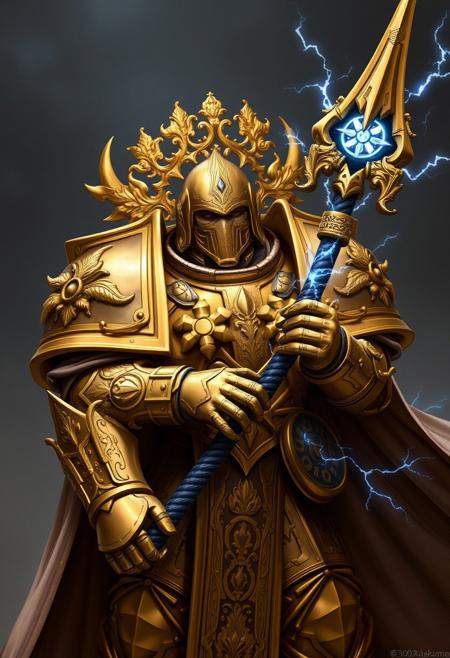 Adeptus Custodes warrior in Warhammer 40,000. They're imposing figures, clad in intricately crafted gold armor adorned with Imperium symbols. Their golden armor gleams with regal ornamentation, with a stoic yet fierce gaze behind their ornate helmet. They wield a Guardian Spear, crackling with energy, and wear a billowing cloak. Custodian Guards epitomize martial prowess and unwavering loyalty to the Emperor, serving as formidable protectors against chaos and heresy.