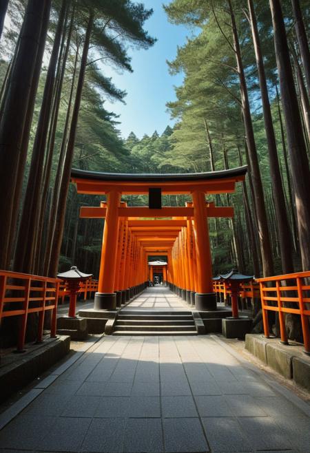 Very beautiful Fushimi Inari Shrine, Japan , a temple site, sunny blue sky background and large dense forest. Very realistic photography.
