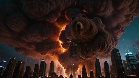 cinematic film still (a massive brown cloud floating over a futuristic city skyline),viewed from ground level,(cloud resembling a bear:1.2),((masterpiece)),((best quality)),8k,high detailed,ultra-detailed,people looking up in awe,cinematic lighting,sci-fi atmosphere,glowing neon lights,tall skyscrapers,dramatic shadows,cityscape,cyberpunk elements,epic composition,wide-angle shot,(8k, RAW photo, best quality, masterpiece:1.2),realistic,Movie Still,Film Still,Cinematic,Cinematic Shot,Cinematic Lighting,. shallow depth of field,vignette,highly detailed,high budget,bokeh,cinemascope,moody,epic,gorgeous,film grain,grainy,<lora:xl_more_art-full_v1:0.8>,<lora:detailed_notrigger:1>,<lora:JuggerCineXL2:1>,