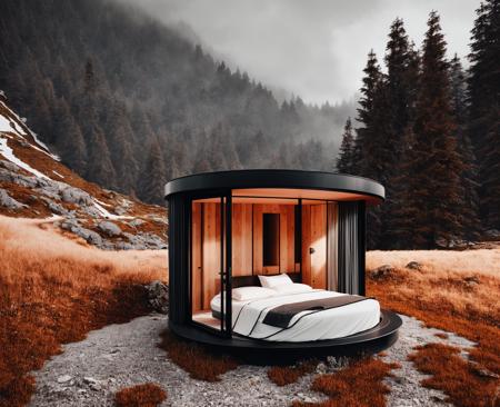 (raw photography:1.2), there is a small round cabin with a bed in the middle of a field, a digital rendering by Matthias Weischer, unsplash contest winner, neo-romanticism, alpine architecture, integrated in the mountains, <lora:Archiveria_yiu_v30:0.7>