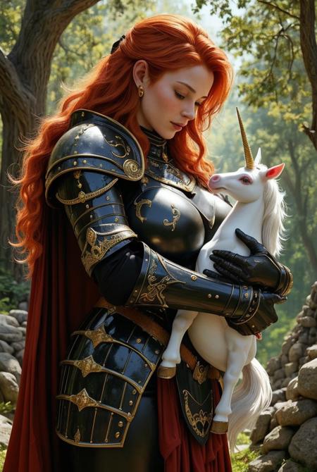 score_9, score_8_up, score_7_up,   full body portrait,  
 fantasy painting, full body portrait,  milf woman, she is dressed in a suit of dark iron platemail.   she is cradling a miniature unicorn in her arms. (proper cradling - holding it with both arms) She looks at it lovingly. , long red hair, Large breasts, wide hips, thin waist. her armour has inlays of gold and silver. fantasy armour. stylized   emblems and symbols on armour,  . epic background is a a beautiful woodland. ( a reminder that a unicorn is a small horse with a single horn.) strong contrast, vivid colour.