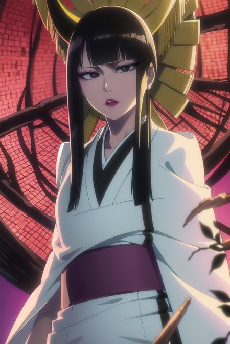 senjumaru shutara, long hair, bangs, blunt bangs, black hair, sidelocks, (black eyes:1.5), makeup, lipstick, red lipstick, japanese clothes, kimono, mechanical arms, extra arms,