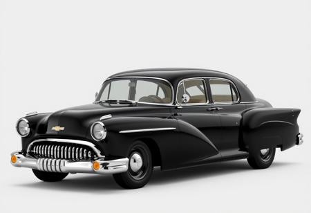 retro-futuristic 4-door 2026 chevy fleetmaster, sleek black body, streamlined design with subtle curves, reduced bubble effect, large rounded headlights with integrated LED rings, bold fenders, refined chrome grille with vertical slats, aerodynamic roofline, low and wide stance, smooth doors seamlessly integrated, deep glossy black finish, chrome accents around windows and lights, sculpted rear with modern rounded taillights, jet-age-inspired design, futuristic yet classic, elegant and refined, four-door layout, sophisticated coupe silhouette, ultra-realistic textures, high-resolution, timeless design combining classic elegance with futuristic elements, subtle chrome highlights, powerful yet sleek appearance, (excessive curves:-1.5), (boxy design:-1.6), (supercar influence:-1.6), (flat shapes:-1.6), (over-the-top luxury cues:-1.5)