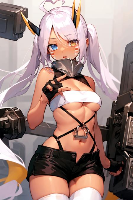 (masterpiece_1.3), (best quality_1.2),indianapolis \(azur lane\),1girl,solo,heart ahoge,yellow eyes,blue eyes,heterochromia,pink hair,dark-skinned female,long hair,ahoge,dark skin,very long hair,bangs,twintails,horns,looking at viewer,medium breasts,facepaint,shorts,underboob,turtleneck,mechanical horns,eyes visible through hair,black gloves,gloves,thighhighs,white thighhighs,black shorts,bandeau,partially fingerless gloves,cleavage,navel,hair between eyes<lyco:GoodHands-beta2:0.5>    <lora:30_indianapolis:1>