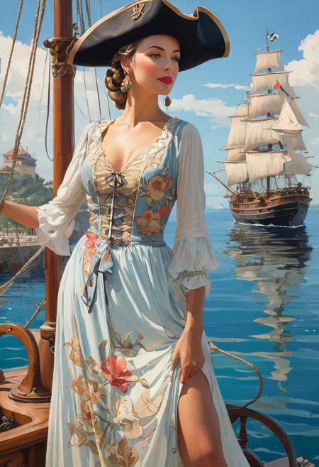 a painting of a woman in a dress with a ship in the background, inspired by Gustaf Tenggren, art nouveau, style jean giraud, pirate clothing, ad image, manara, caribbean, version 3, at the waterside, dancer, beautiful painting of a tall, detailed fashion illustration