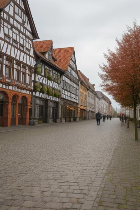 north german downtown, , grey cobblestone, aged brick, historical buildings,