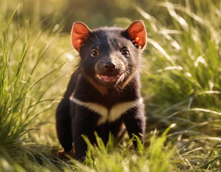 (raw photo) realistic single cute joey baby tasmanian devil grass, green ambience, volumetric lighting, sunny ambience, noon, outback, extremely detailed, painted by safebooru, greg rutkowski, artgerm, sharp focus, trending on artstation