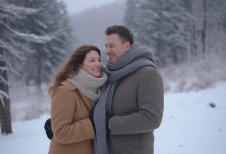 A married couple hugging and smiling, dressed in thick coats and scarves, walking together on the snow in a winter mountain landscape. The snow-covered trees and warm gray sky create a cozy and calm atmosphere. Ideal for a video about long-term relationships or special moments