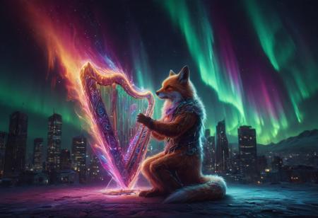 morph-aurora, aidmamj6.1 
cyberpunk fox musician playing glowing synth harp, surrounded by dancing northern lights, futuristic neon skyline, glowing fur strands













