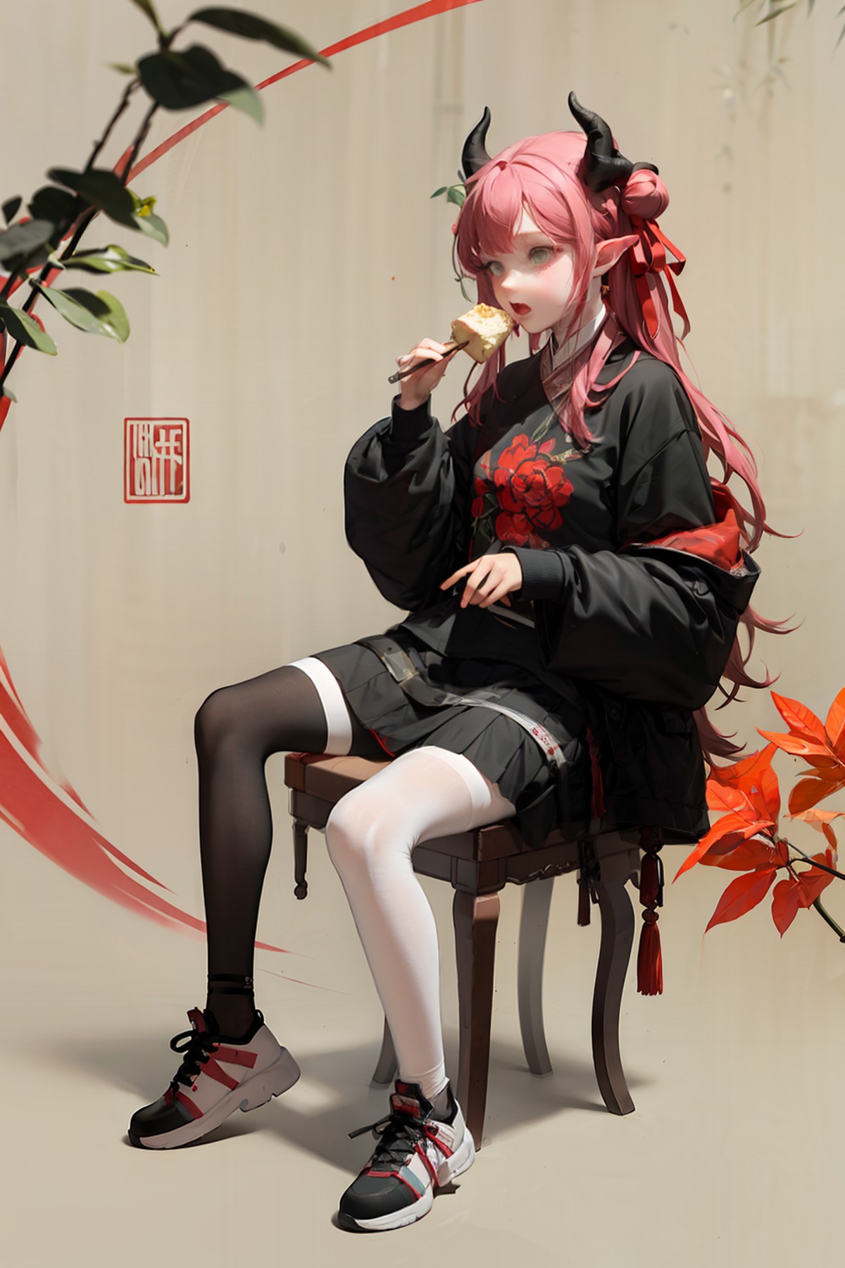 masterpiece, best quality, <lora:hanfu:1>,hanfukozue, 1girl, solo, shoes, sitting, pointy ears, black hair, white footwear...