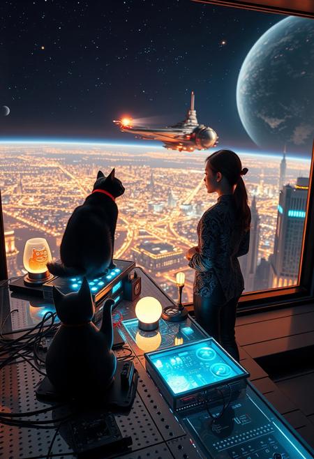 A sleek black cat with a red collar sits atop a cluttered, riveted metal desk with a transparent top, revealing glowing micro-LED-lit computer components beneath. A maneki-neko statue and a softly pulsing lava lamp rest beside it. The cat gazes out through a seamless, floor-to-ceiling futuristic window at the breathtaking surface illuminated by the sprawling lights of colossal cities and towering megastructures.
Beside the desk, a beautiful 24-year-old woman stands, her gaze distant and longing as she looks into the vastness of space. She wears an ornate, elegant Chinese-style blouse and leather pants, intricate patterns shimmering subtly in the ambient glow. Her hair is elegantly tied up with a ribbon, adding to her graceful presence. In the distance, an enormous deco-cyberpunk starship, adorned with futuristic neon lighting, drifts through the stars. Nearby, a massive space station looms, its Art Deco Cyberpunk architecture exuding grandeur and mystery.
A dynamic perspective enhances the scale, making the viewer feel immersed in this epic cyberpunk vision, evoking a profound sense of wonder and awe.