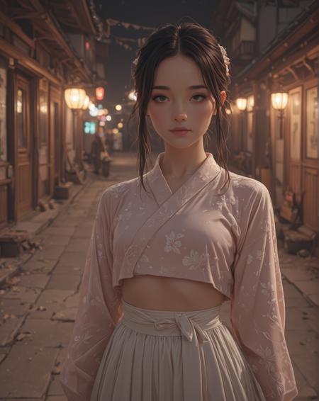 (Upper body photo:1.2). Cute girl model, cropped kimono top and long flowing skirt. In an old Chinese village. Beautiful detailed eyes. Photorealistic, Natural atmospheric lighting, intricate details, 35mm photograph, film, professional, 4k visuals, highly detailed, elegant, studio quality.