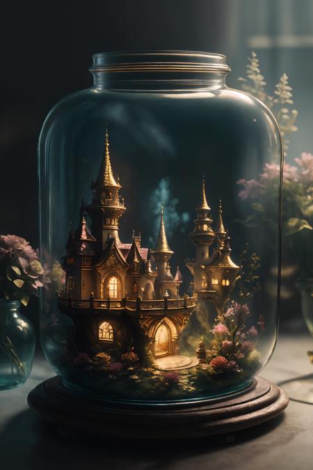 ((best quality)),absurdres,(ultra high res),octane render,(hyperrealistic:1.2), a glass jar with a house inside of it, beautiful render of fairytale, golden miniature, enchanted dreams, beautiful art, blurry background, (realistic:1.7), (8k), (Masterpiece),  (studio lighting),  <lora:diorama:0.77>