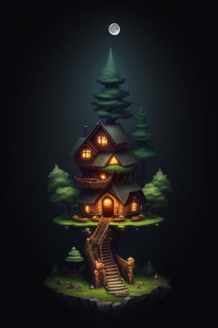 a close-up photo of the Isometric_Dreams, a tree house with a tower and a staircase inside of it, surrounded by trees and a moon in the sky