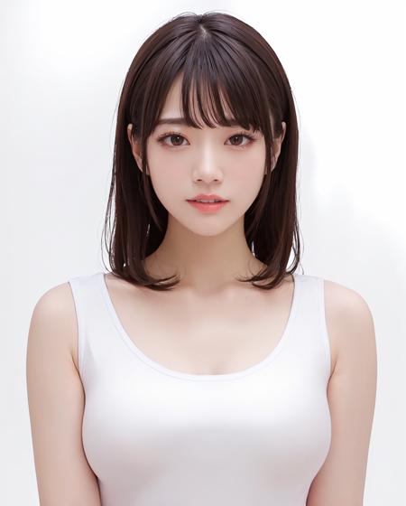 best quality, RAW, detailed, photorealistic, 8k, high res, 1girl, woman, (portrait:0.6), gorgeous, ((whitebackground:2.6), ((white sleeveless tshirt:2, smallsize round breast:1.5)),  (head straight-looking at viewer:2.2), (1girl eyes looking at viewer, short-length straighthair,  blackhair, bangs:1.65), photorealistic, (bokeh), (closed mouth:1.3), gorgeous, pureerosface_v1,  <lora:AVID-saika:0.47> <lora:GRAV-:0.7>