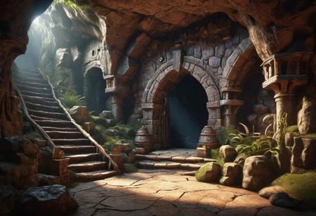 fantasy and D&D style,  cave entrance hall to a dungeon system, 64k photorealistic HDR