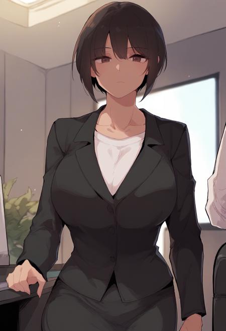 short hair, brown eyes, black hair, brown hair, tomboy office lady, black jacket, long sleeves, white shirt, t-shirt, collarbone, black skirt, pencil skirt collarbone, pink shirt, short sleeves, bra strap, midriff, navel, cropped shirt, black leggings black tank top, cleavage, black panties