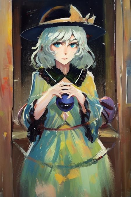 masterpiece,komeiji koishi,  gouache, 1girl, solo,hat , indoors,rise,cow-boy shot, <lora:gouachev8-000144:1>,