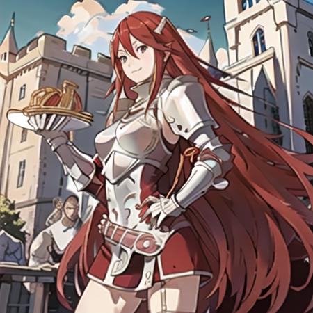 masterpiece,best_quality,hires,high_resolution,<lora:cordeliaBetaV4-000030:0.7>, (cordelia_fe, red_hair, white hair_ornament,slim_body,1girl),(armor:1.6), (castle background:1.5), (she is holding a plate of spaghetti:1.3)