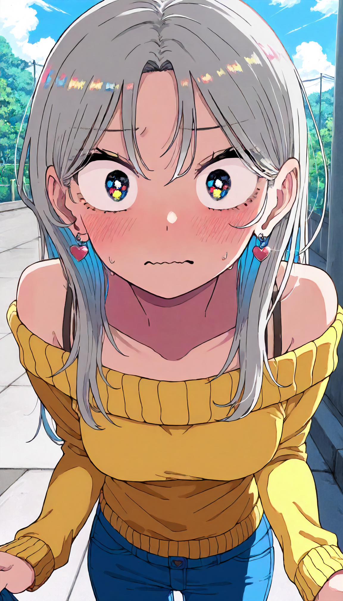 A young woman with long, silver hair wearing a mustard yellow off-shoulder sweater, blue jeans, and heart shaped earrings. She has large, expressive eyes with a mix of yellow and blue colors, and her cheeks are flushed red. She is in an outdoors setting, with pavement, green trees, and a blue sky in the background. Her expression is one of surprise or shock, and she is holding her hands out, grabbing something out of frame.