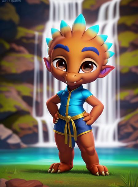  SpikeGongSupMon, dragon, blue eyebrows, fangs, orange skin,  blue tips of scales on the head,( ears little, small ears), yellow claws, brown eyes, light blue shirt, blue belt, dark blue shorts, chibi,