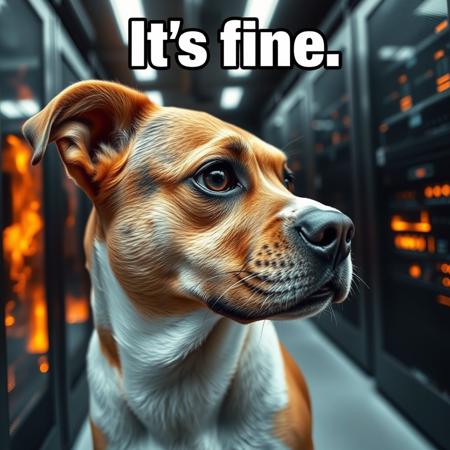 Funny Dog Eye Understanding Photo, side view,  1Dog from meme "Its fine", Frustrated, Trying to Fix Burning and Exploding Server Room