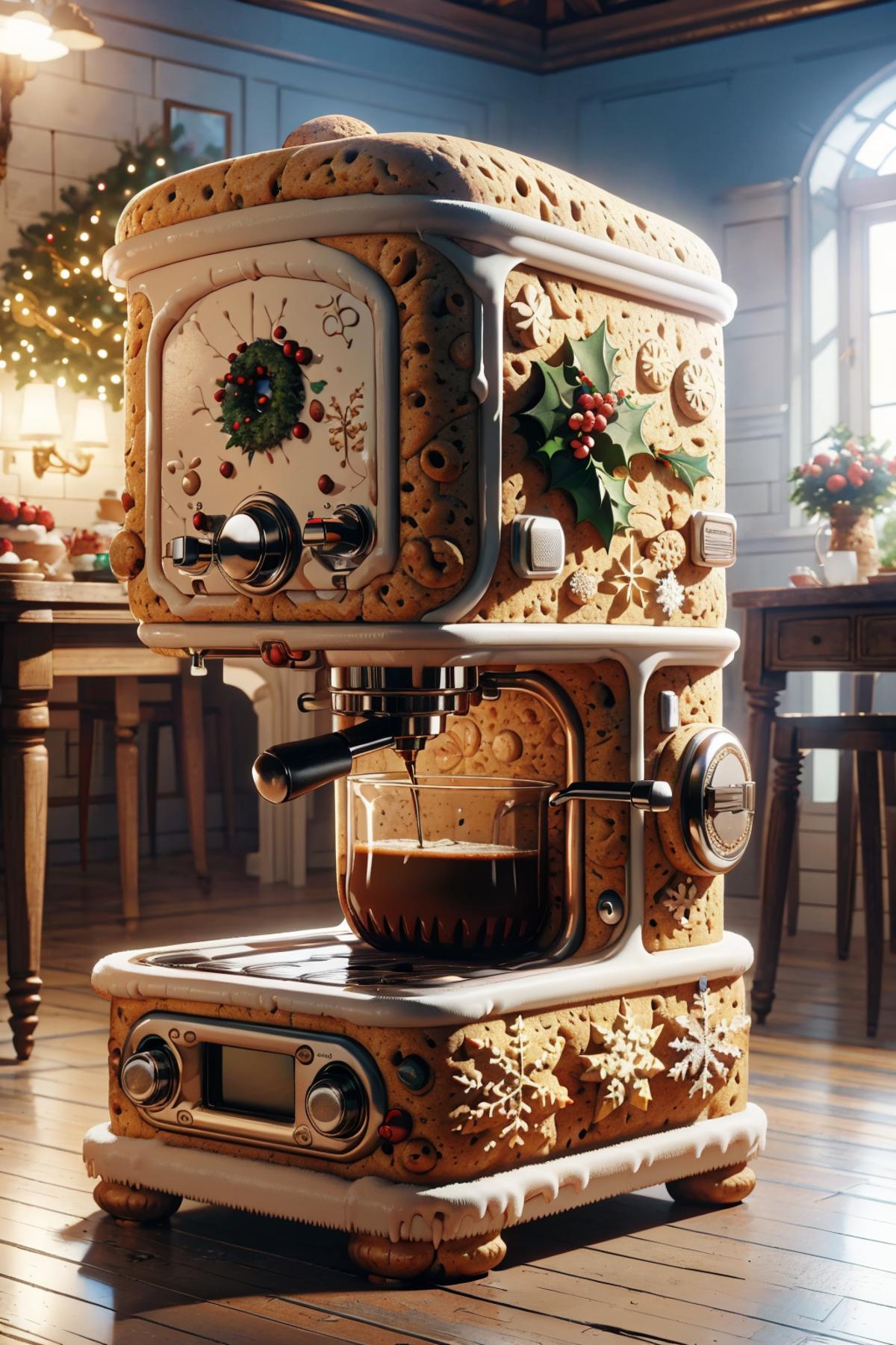 A coffee maker with a Christmas theme, featuring a candy-themed design and a holiday scene in the background, including a table with potted plants and vases.