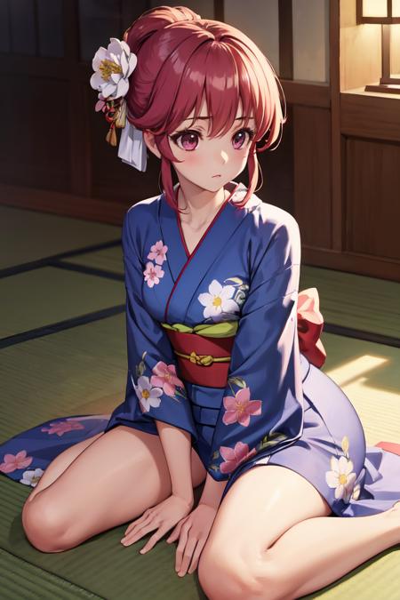 masterpiece, best quality, absurdres, perfect anatomy, 1girl, solo, AinoMegumi, indoors, kimono, hair flower, floral print, wariza, sitting, hands on own knees , <lora:CHAR-CureLovely:0.9>