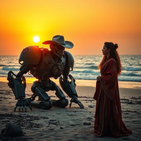 A giant robot cowboy kneels on a beach, barnacle-covered robot. robot wears cowboy hat. A beautiful woman in traditional priestess robes stands in the foreground, thoughtful. seascape in background. sunset sky. In the style of cinema.