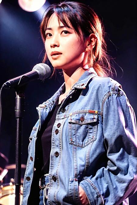 best quality, ultra high res, (photorealistic:1.4), masterpiece, Concert background,1girl,detailed eyes,hair decoration,trendy expression,jacket,top,pants,(style:1.5),standing,On stage,sing(looking at viewer),  <lora:banjingquanshui:0.8>