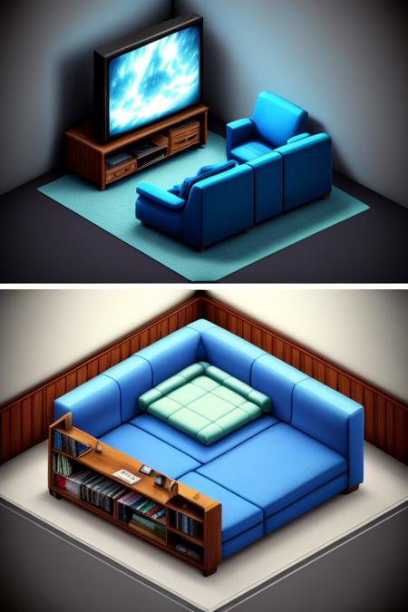 a close-up photo of a Isometric_Dreams, with a blue chair and a blue couch,a living room with a couch and a tv in it's centerpieces