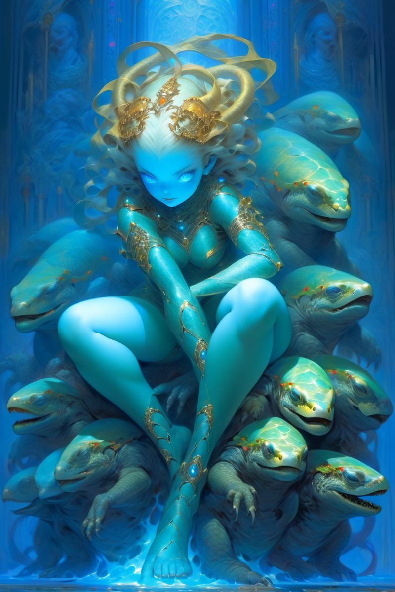 A blue mermaid statue sits on a pile of frogs in a blue scene.