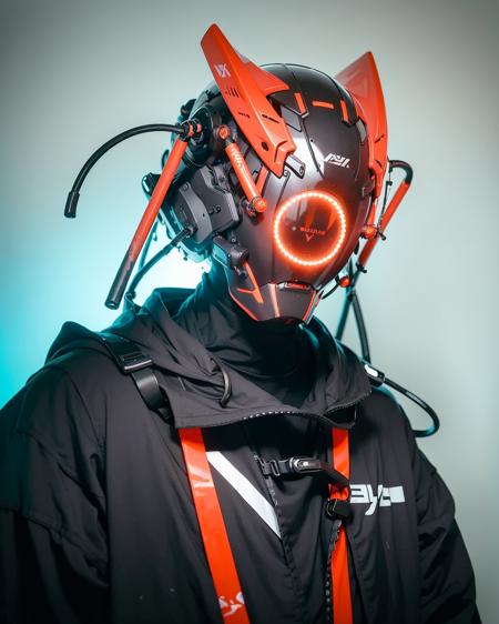 masterpiece, best quality, (a cyborg with a cyberhelmet head and a halo), wearing orange techwear jacket, extramly detailed <lora:cyberhelmetv0.2:0.9>