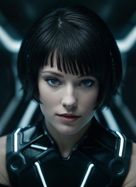 full color portrait of q1, dark hair, in tron, masterpiece, best quality, sharp focus, 8k highres, ultra-detailed, rim light, (grey background:1.0), <lora:Quorra:0.9>