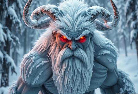 frost giant, icy forest, glowing orange eyes, white frost-laden hair, rugged beard, icy horns, muscular body, textured gray skin, frozen trees, menacing creature, cold atmosphere, mythological being, snow-covered environment, fiery gaze.