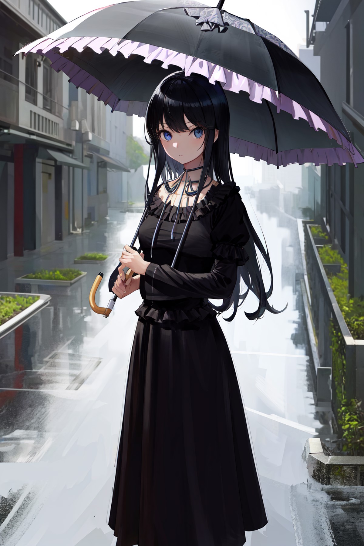 masterpiece, best quality, highres, 1girl, black dress neck ribbon <lora:natsuki_minamiya:1> holding umbrella, standing