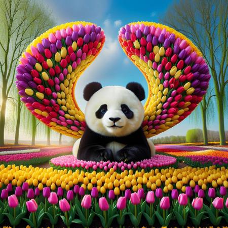 jaynl-tm, made of tulips, A flying fairy made of tulips, with the face of a panda, soaring through a magic world where every surface blooms with vibrant petals. Her wings are delicate tulip petals in gradient hues—pink, yellow, and violet—fluttering like blossoms in the wind. The panda’s face is crafted from soft white tulips with dark floral accents for eyes, exuding whimsy. Around her, the air shimmers with floating tulips, and the landscape below is a surreal tapestry of tulip-laden trees, rivers of petals, and cascading floral arches. Lightning and thunder are reimagined as streaks of glowing tulip vines, crackling across the sky in electric blues and purples, leaving trails of scattered petals. The scene is a kaleidoscope of color, bold and dreamlike, where nature’s architecture is rebuilt in tulips. The words ‘made of tulips’ weave subtly into the composition