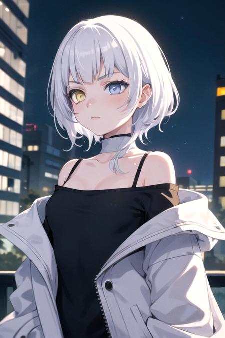 <lora:KanameRana-04:0.7>,ranamygo, 1girl, solo, short hair, shirt, blue eyes, jacket, upper body, white hair, outdoors, sky, off shoulder, open jacket, black shirt, night, white jacket, building, night sky, city, cityscape, skyscraper, city lights, yellow eyes, heterochromia,